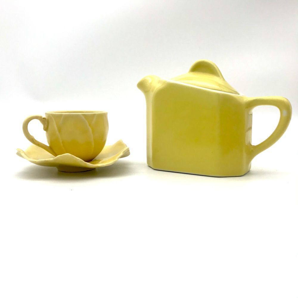 Hall 1940s Teapot; Senegal Demitasse Teacup Saucer